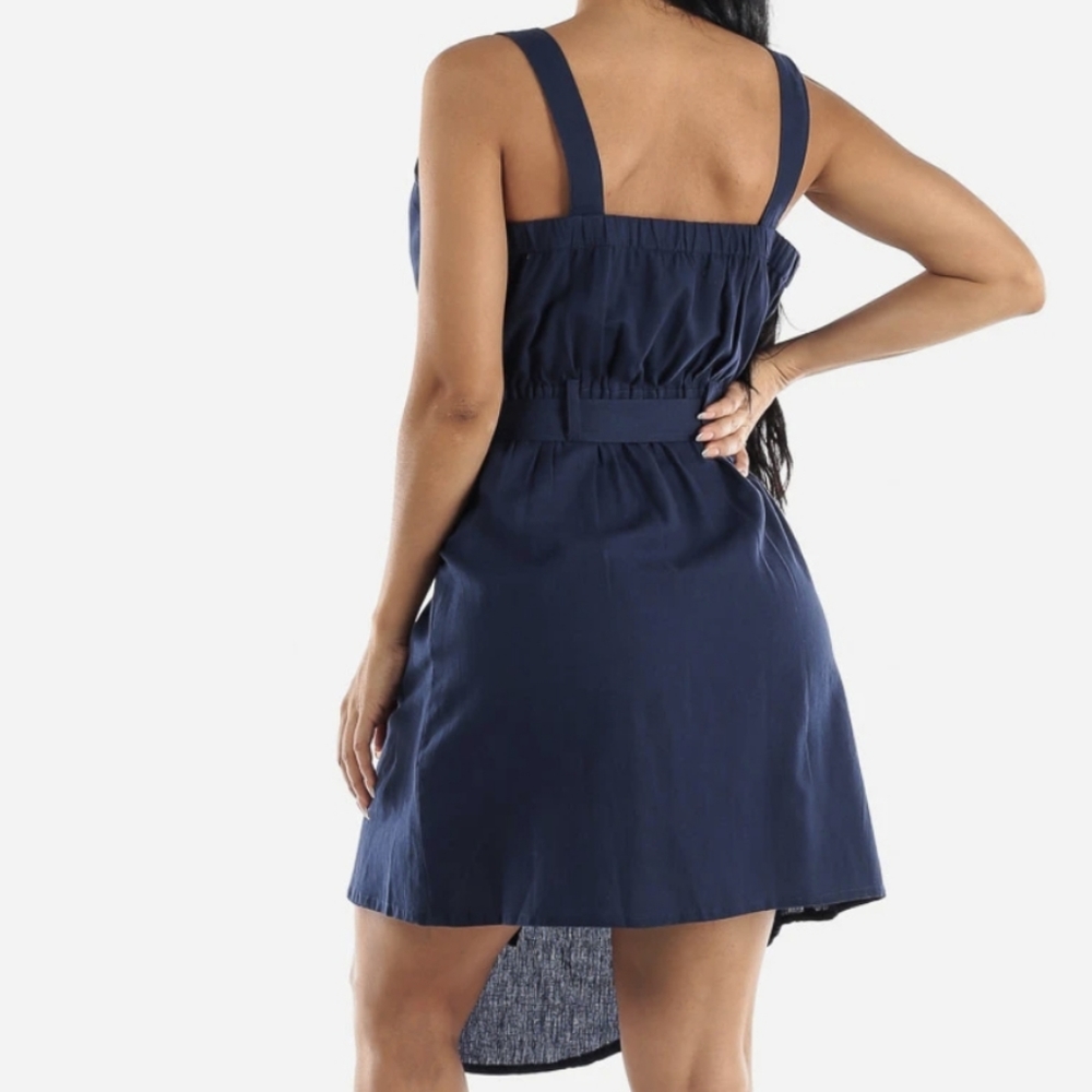 Navy Button Up Tie Front Overall Dress - Picture 2 of 2